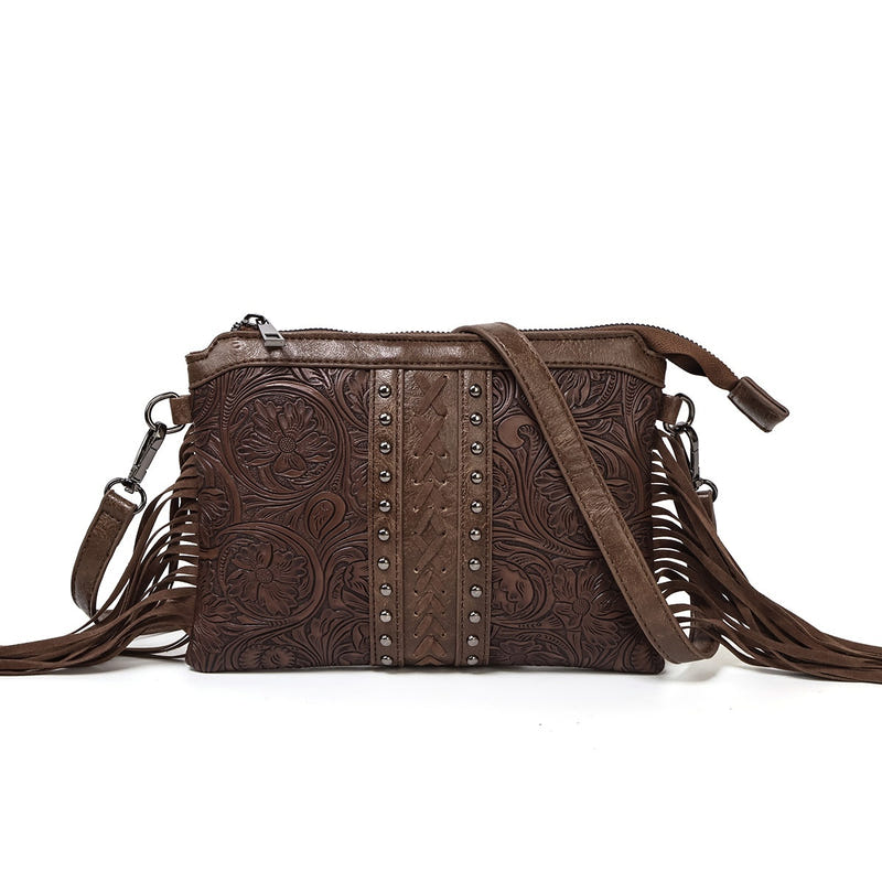 Women's crossbody bag, dark brown embossed PU with studded center stripe and fringe