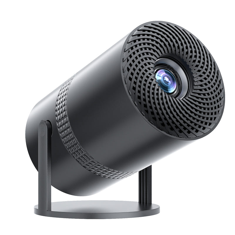 Black portable projector on stand, front view of the blue lens