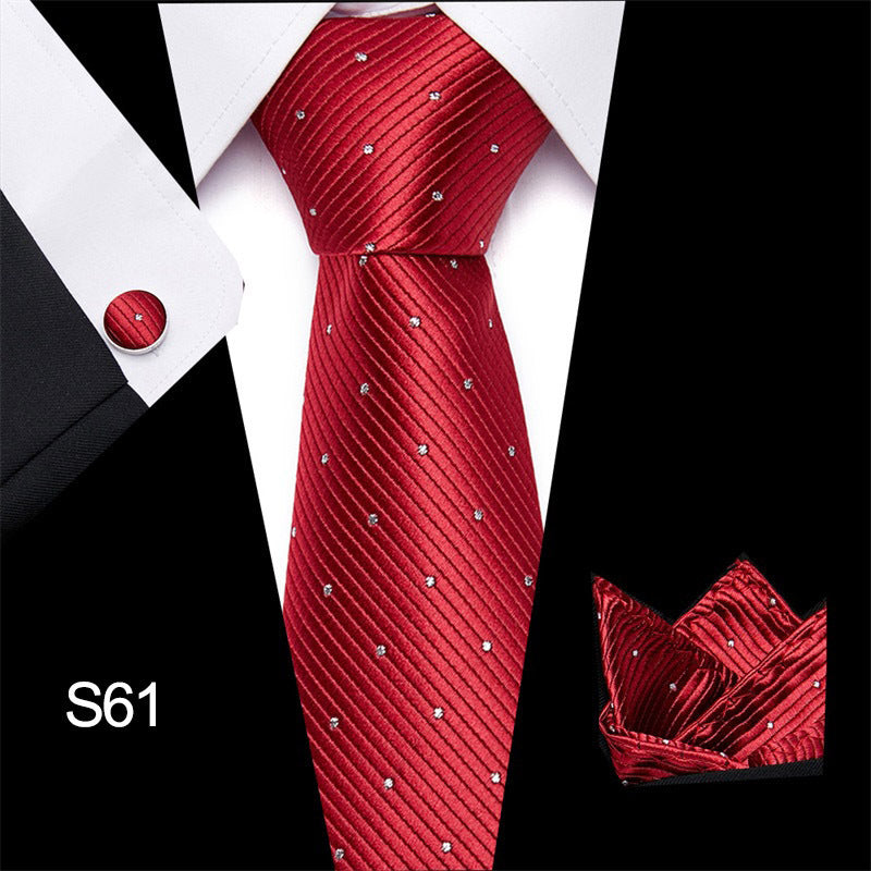 Men's business tie in red with small dotted accents and fine textured stripe pattern
