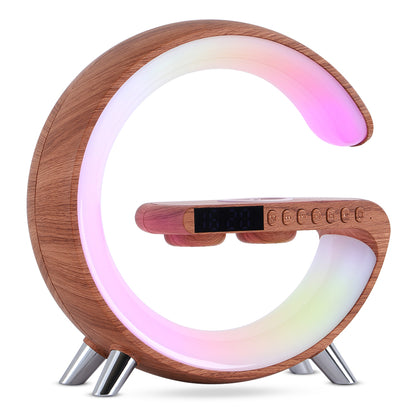 Wood-grain LED lamp with color-changing ring, Bluetooth speaker controls, and wireless charging pad