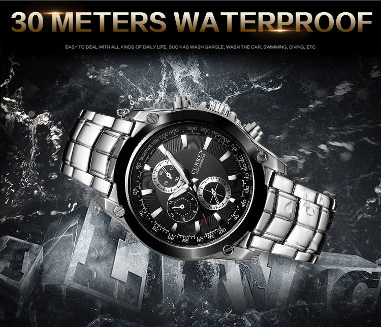 Men's business quartz watch with silver alloy bracelet and black dial with subdials
