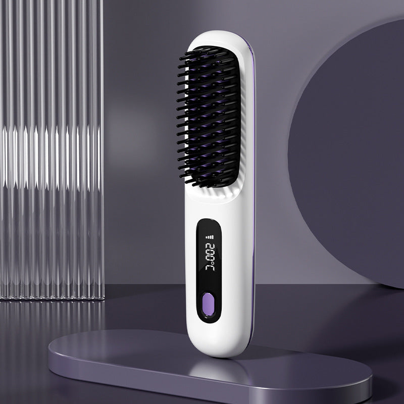 Hair straightening brush with digital display on a dark background