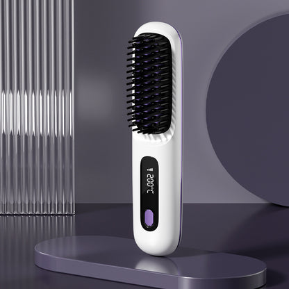 Hair straightening brush with digital display on a dark background