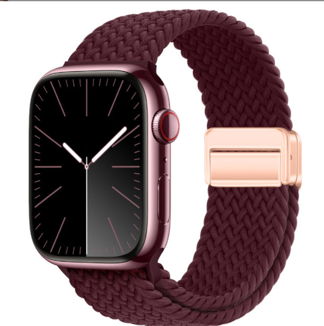 Smartwatch with a braided maroon band on a white background