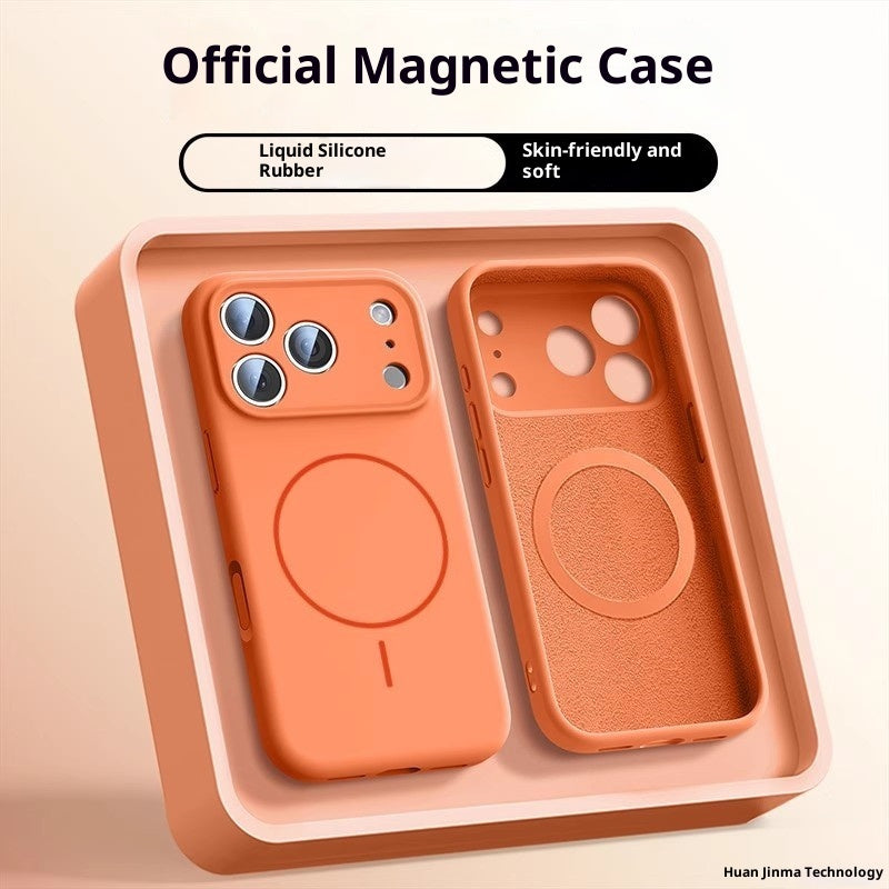 Two orange phone cases with a magnetic feature on a beige background