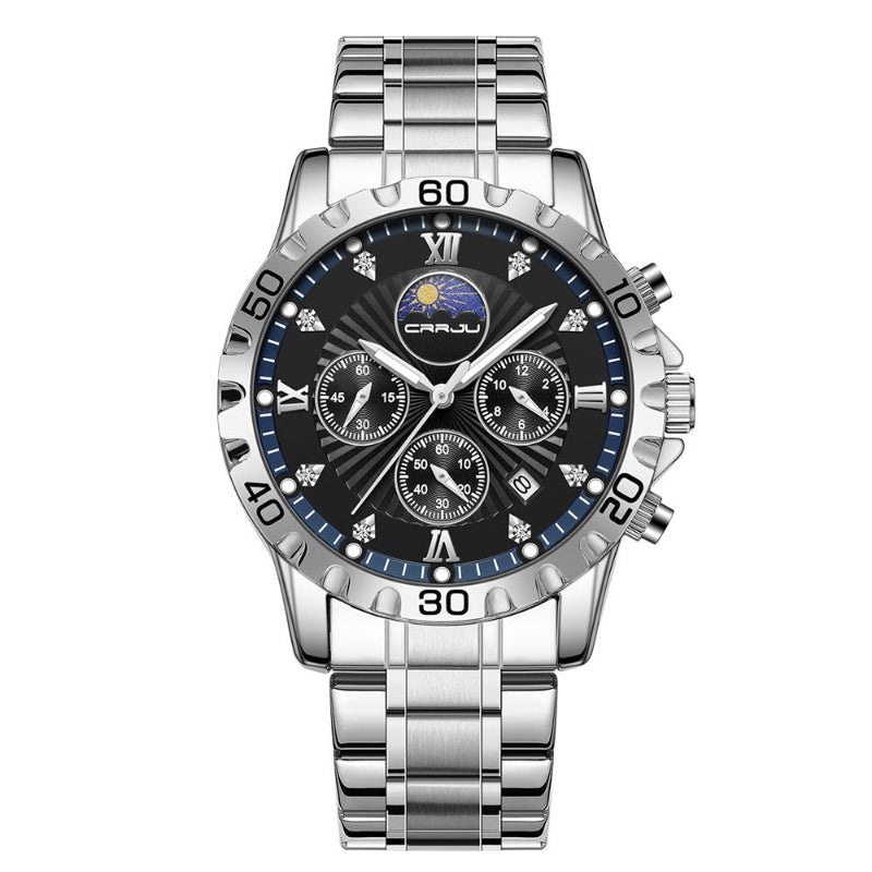 Business quartz watch with calendar, dark blue dial, silver metal bracelet and bezel.