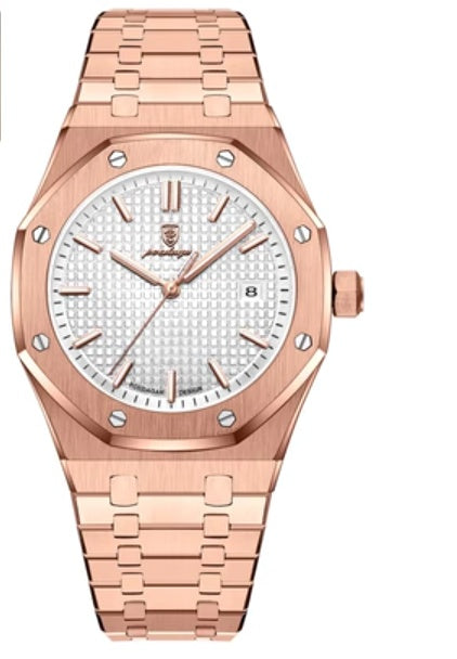 Rose gold mechanical watch with white textured dial and metal link bracelet