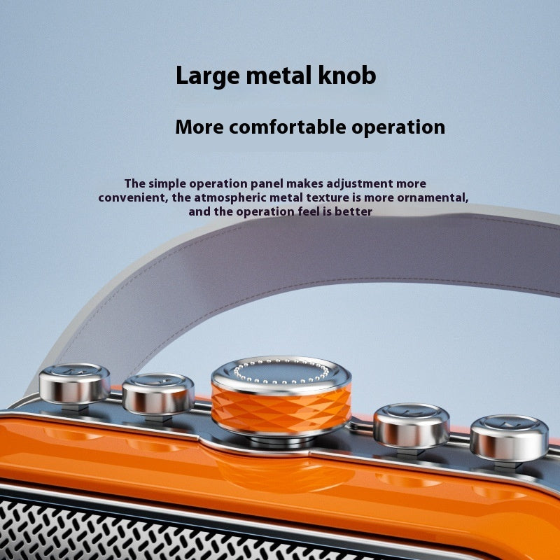 Orange karaoke speaker top panel with large metal knobs and speaker grille