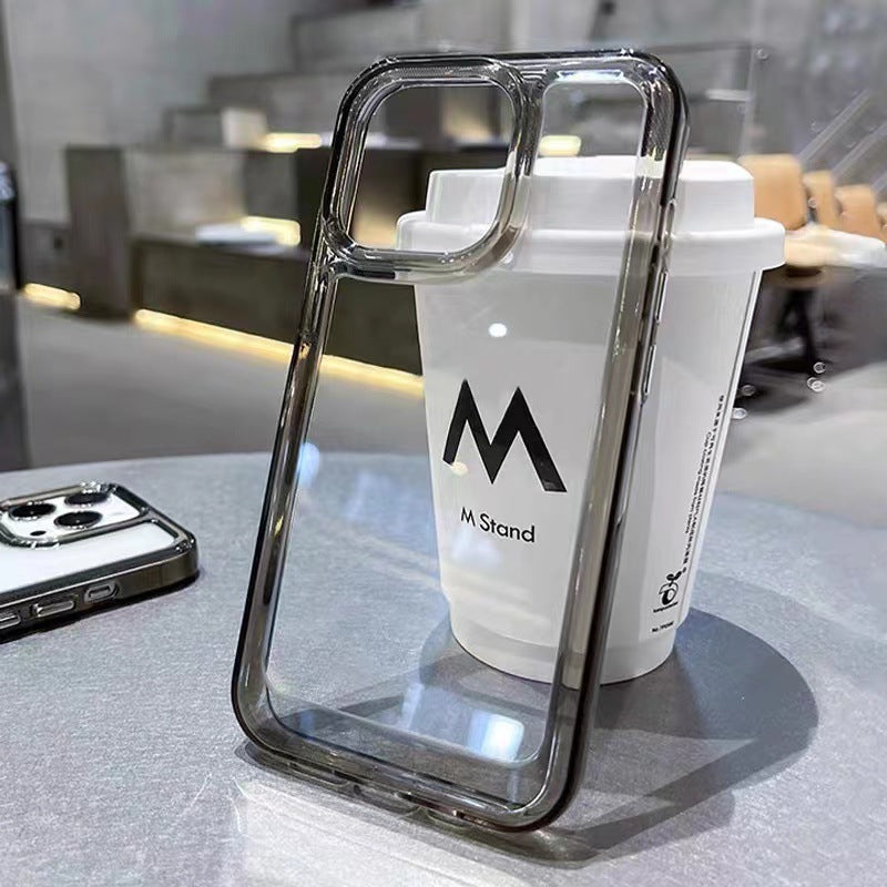 Transparent acrylic phone case with raised frame and camera cutouts, clear protective cover