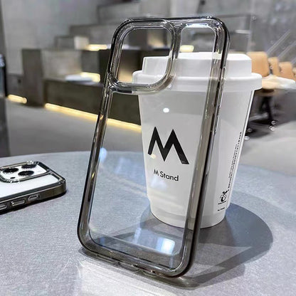 Transparent acrylic phone case with raised frame and camera cutouts, clear protective cover