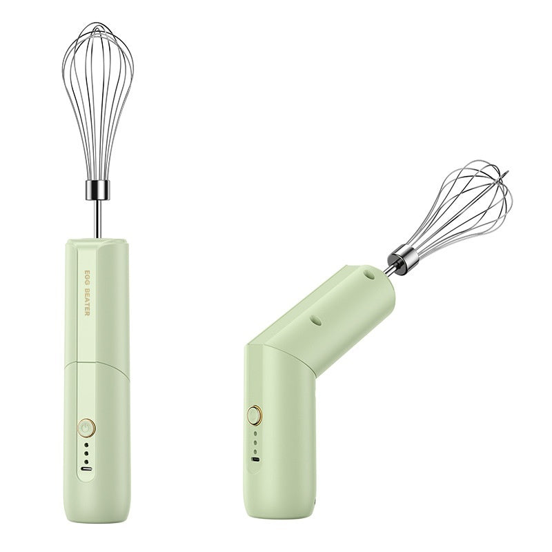 Wireless electric egg beater in green with wire whisk attachments, two angles shown
