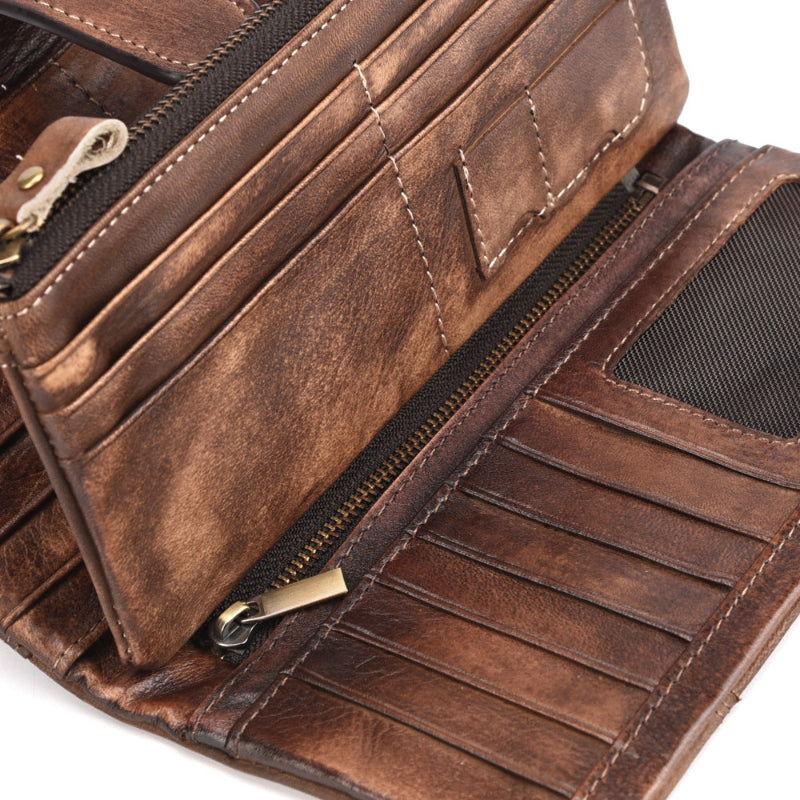 Brown leather wallet with multiple compartments on a white background