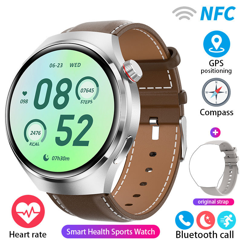 Silver-color round smartwatch with brown leather-style strap and large green digital numerals