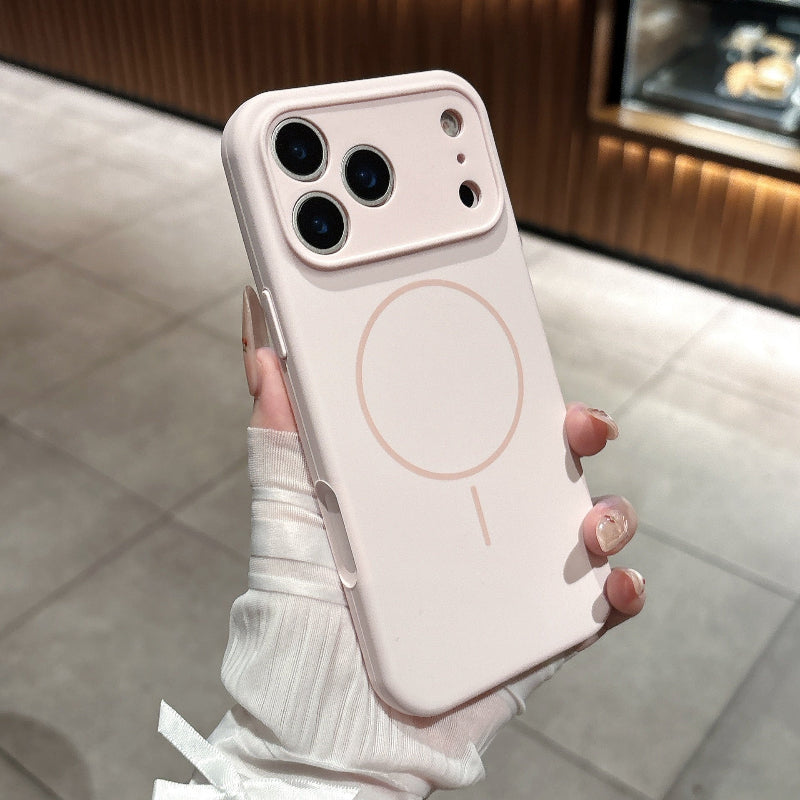Phone case with a circular design held by a hand on a neutral background