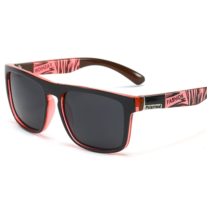 Unisex square polarized sports sunglasses, brown frame with red accents and dark lenses