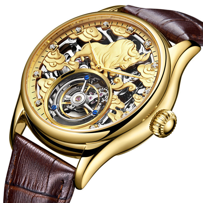 Gold-tone tourbillon wristwatch close-up with brown leather strap and detailed skeleton dial