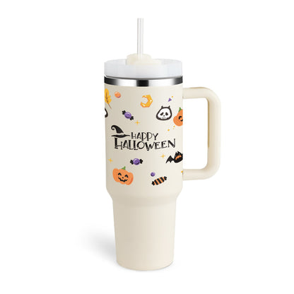 White tumbler with Halloween-themed design and 'Happy Halloween' text on a white background