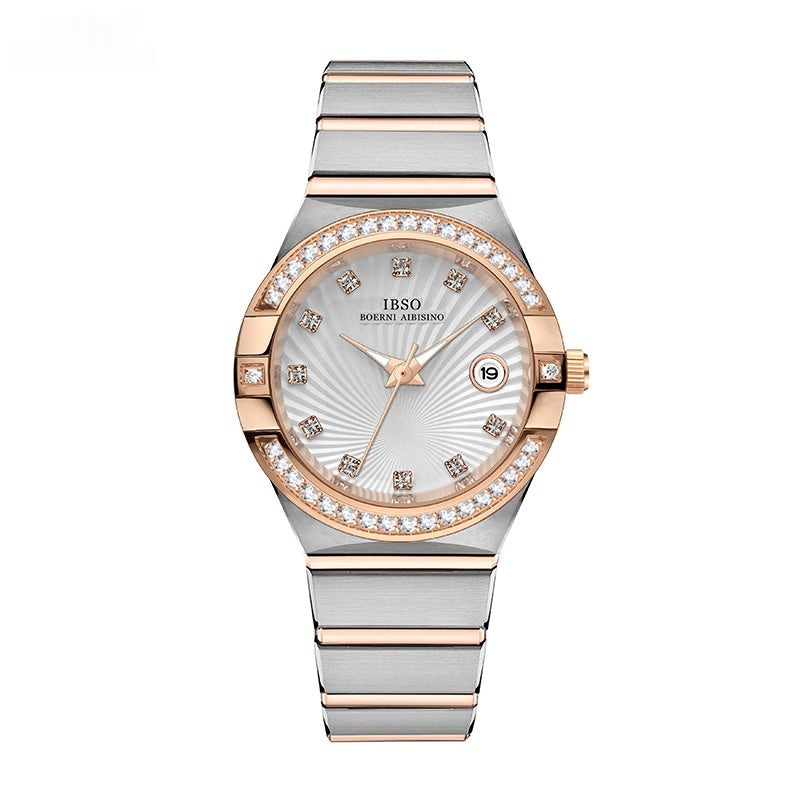 Women's diamond quartz watch, rose-gold bezel, white dial, crystal markers, date 19