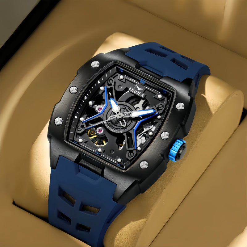 Men's sporty automatic mechanical watch with blue silicone strap and blue accent hands