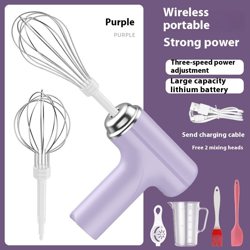 Wireless electric egg beater in purple with foldable handle and wire whisk beaters