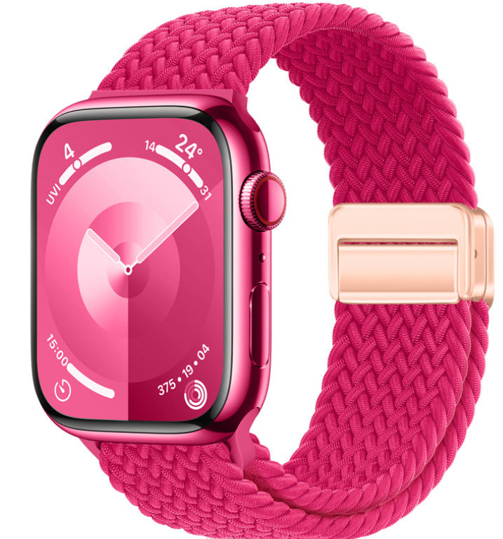 Smartwatch with a pink woven band on a white background