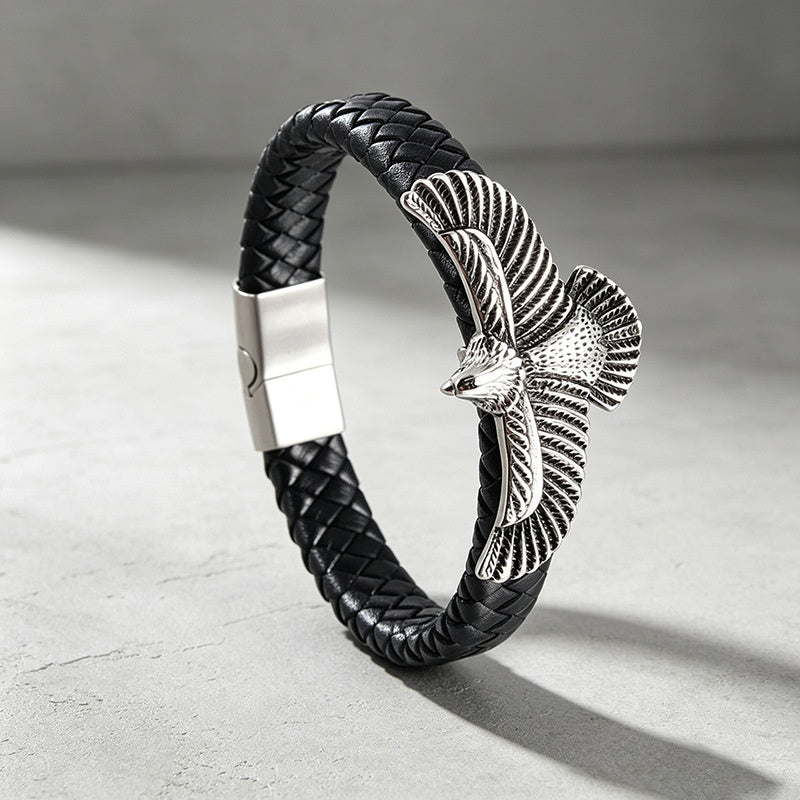 Black braided leather bracelet with silver eagle charm and hinged metal clasp