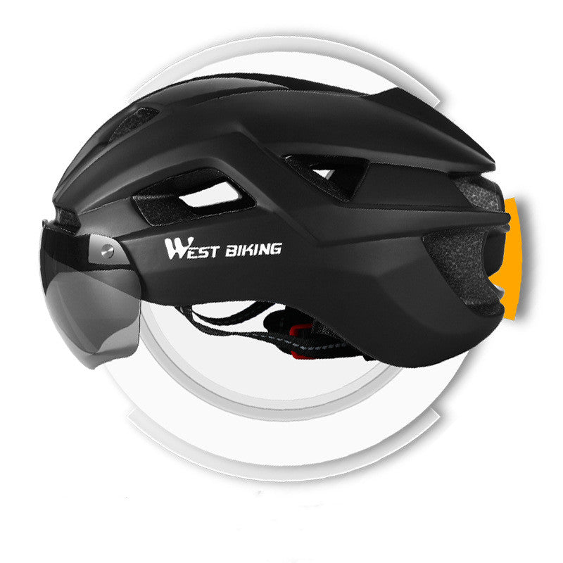 Cycling helmet with integrated goggles, black shell with tinted visor
