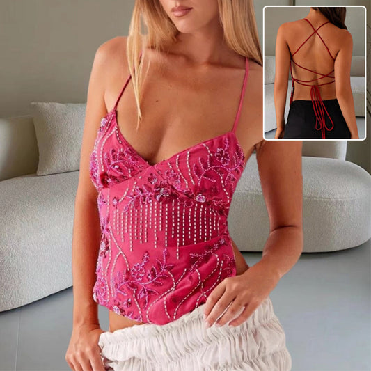 Y2K Backless Beaded Bandeau Sling Top