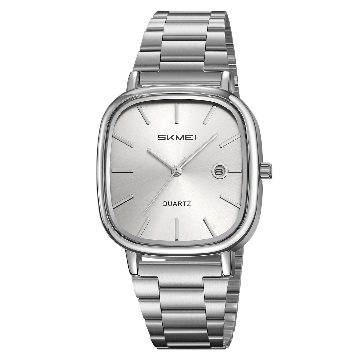 Men's retro square quartz watch with silver steel bracelet and white dial