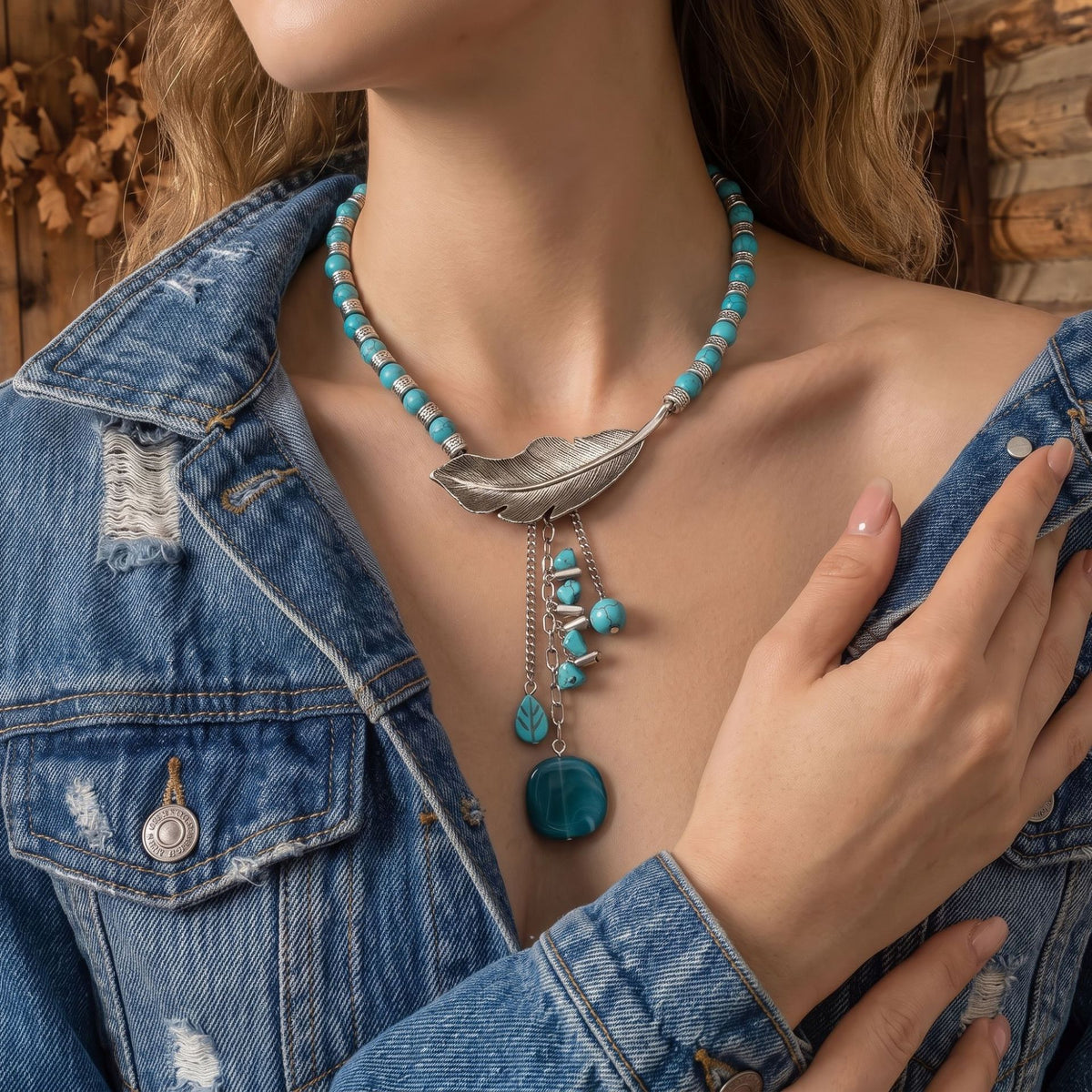 Turquoise beaded choker with alloy leaf-and-feather pendant and round blue center charm