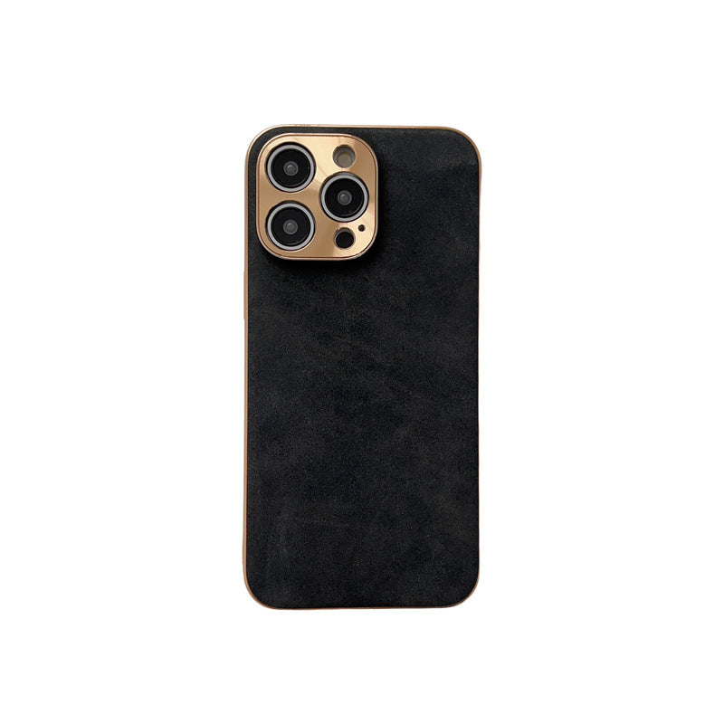 Black phone case with gold accents on a white background