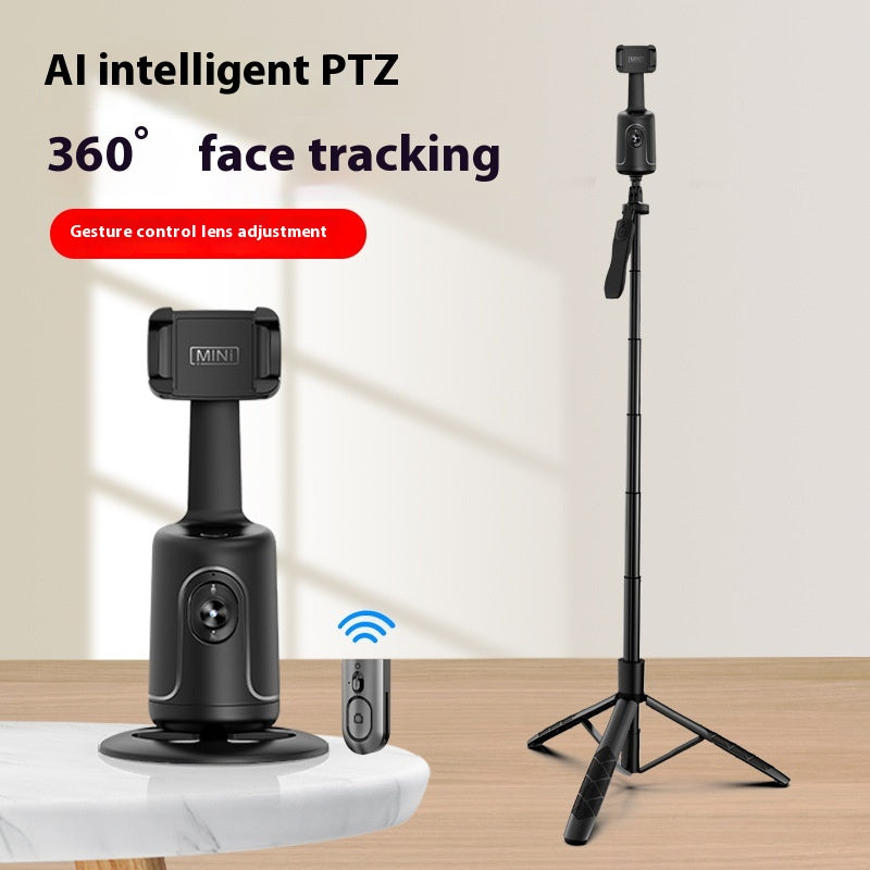 Black 360° AI face-tracking phone holder with tripod stand