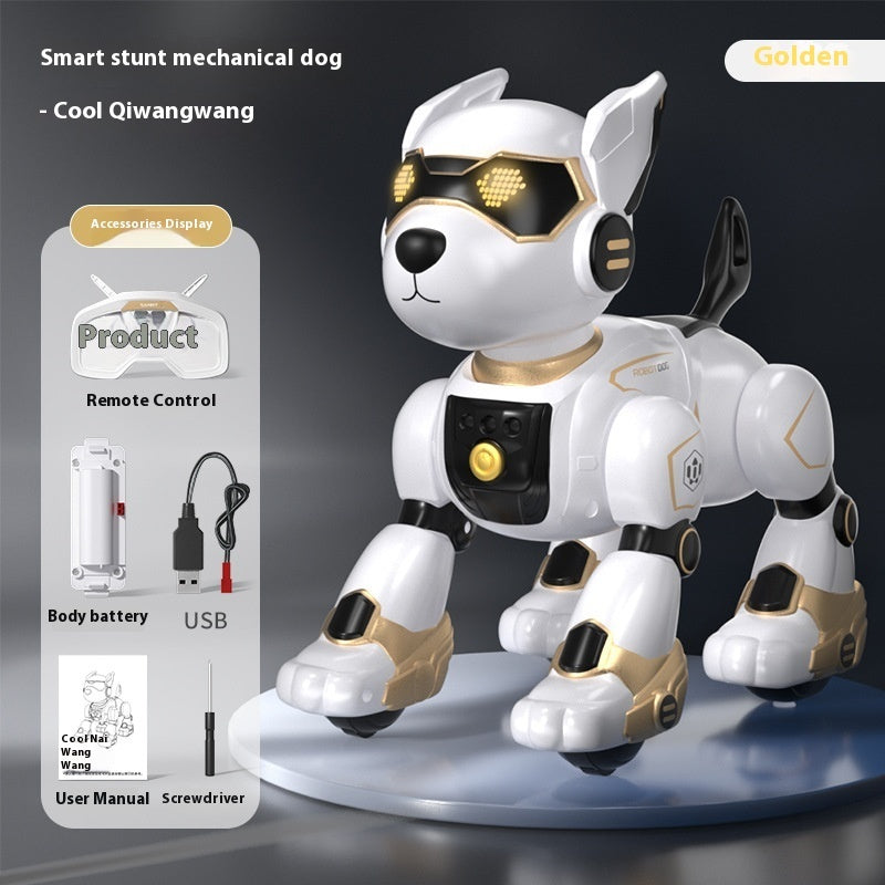 Smart stunt mechanical dog with packaging and accessories on a dark background