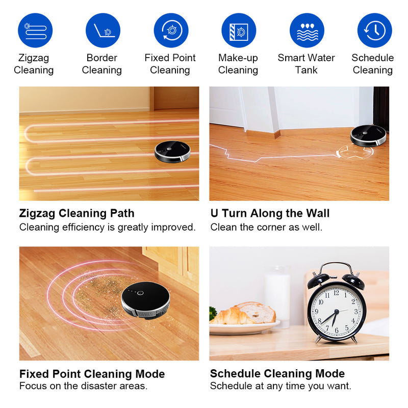 Black robot vacuum showing zigzag, border, fixed-point, and schedule cleaning modes