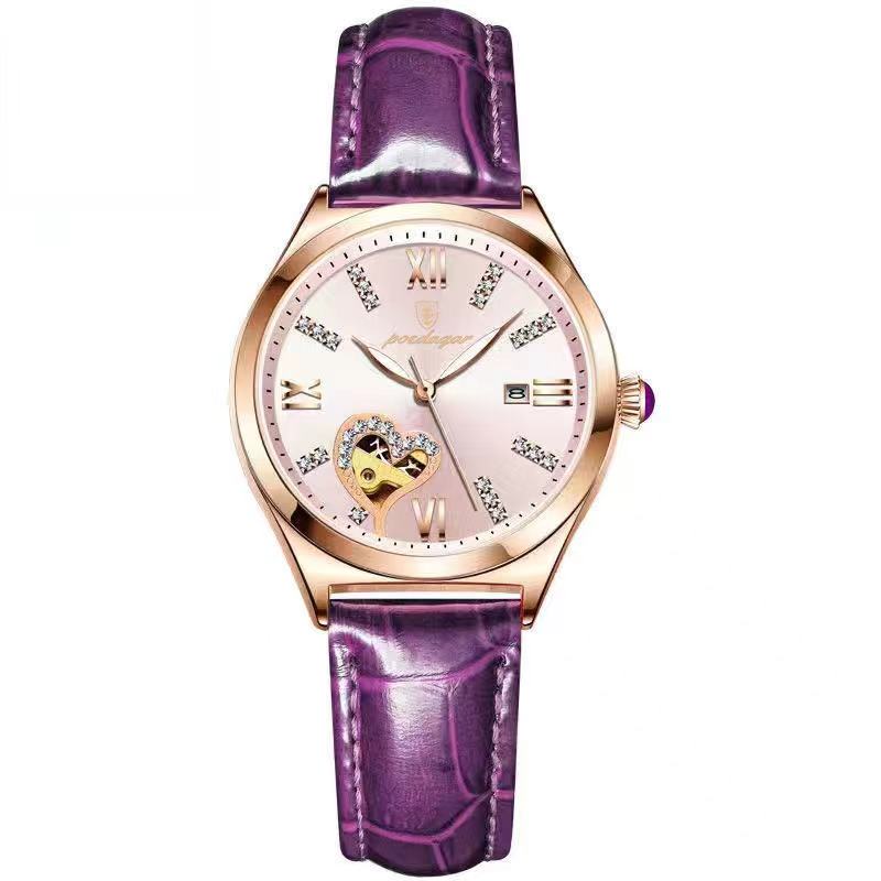 Women's automatic mechanical watch with white dial, rose-gold case, purple leather strap
