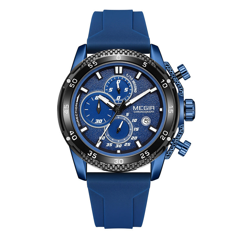 Men's sport quartz watch with blue silicone strap and blue dial, multiple chronograph subdials