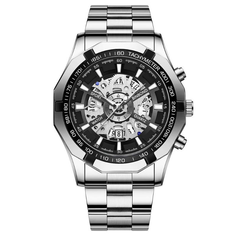 Men's skeleton quartz watch with silver metal band and white dial with black ring