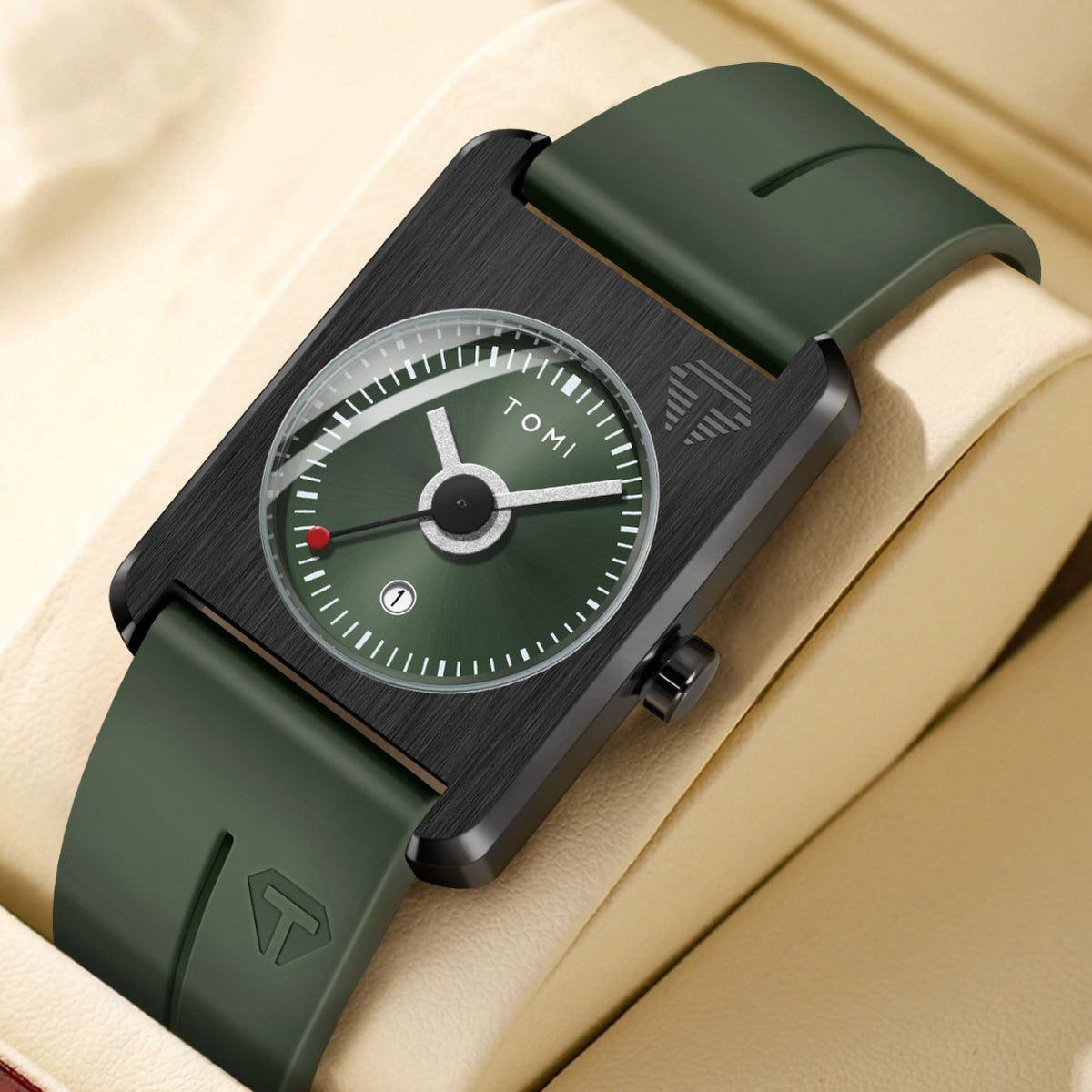 Unisex square quartz watch with calendar, green dial, dark case, olive-green silicone strap