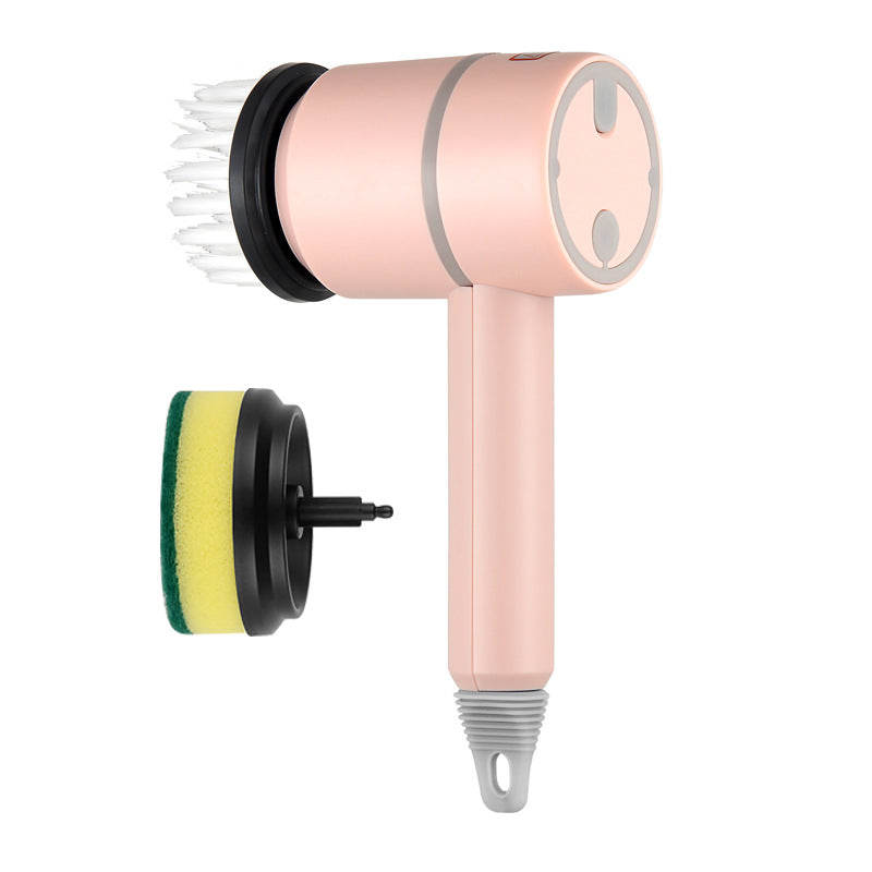 Pink electric cleaning brush with round sponge and scouring pad attachments