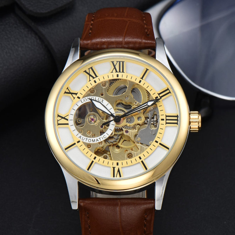 Luxury watch with gold case, white face, and brown leather strap on a dark background