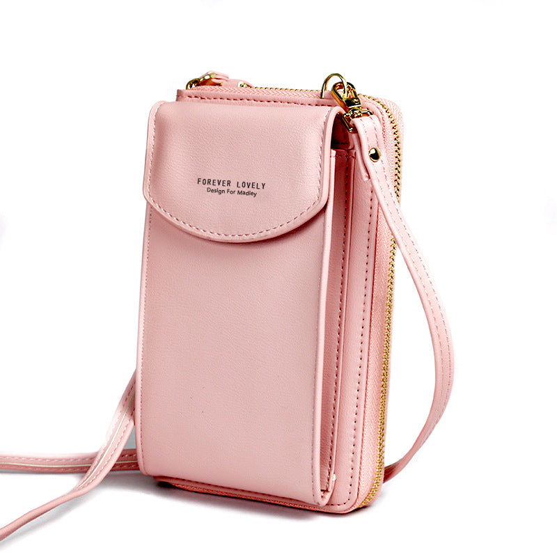Light pink PU leather crossbody wallet bag with front flap and gold zipper detailing