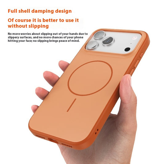 Orange phone case held by a hand with text about its full shell damping design. YAXSO UAE ONLINE STORE