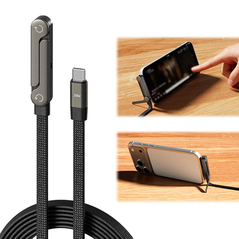 Black USB-C fast charging data cable with foldable phone stand holding a smartphone