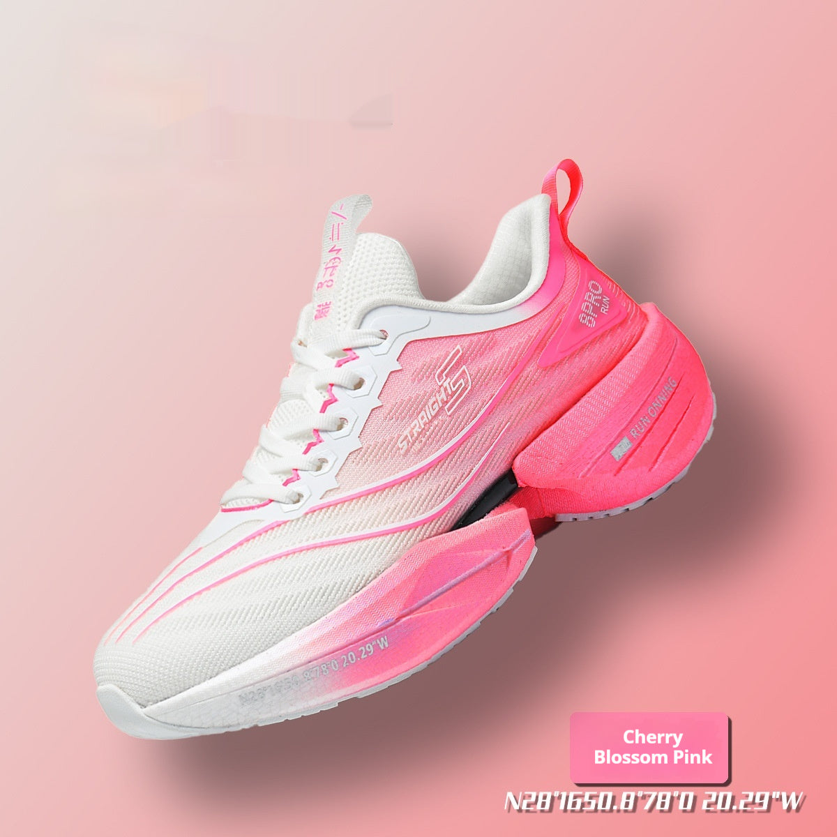 Boys racing sneaker with white and cherry pink mesh upper, pink heel and laces