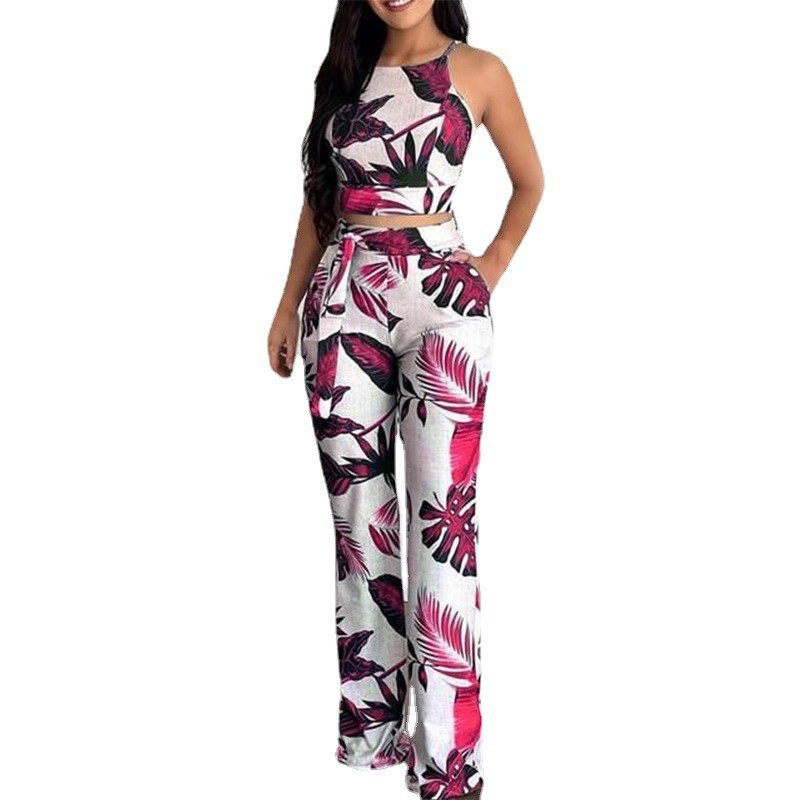 Two-piece Cropped Printed Vest High-waisted Wide-leg Pants