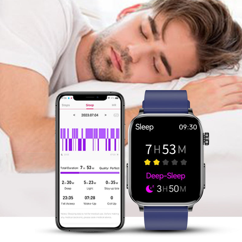 TK15 smartwatch with blue strap showing sleep duration beside a phone sleep-chart illustration