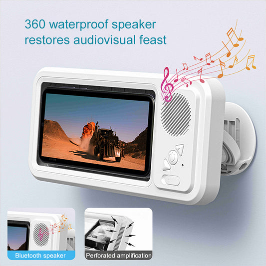 Waterproof phone box with Bluetooth speaker, white housing, front speaker grille and controls