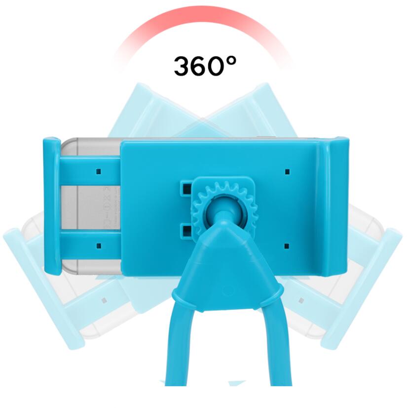 360-degree rotatable selfie phone holder, blue back view showing rotatable hinge