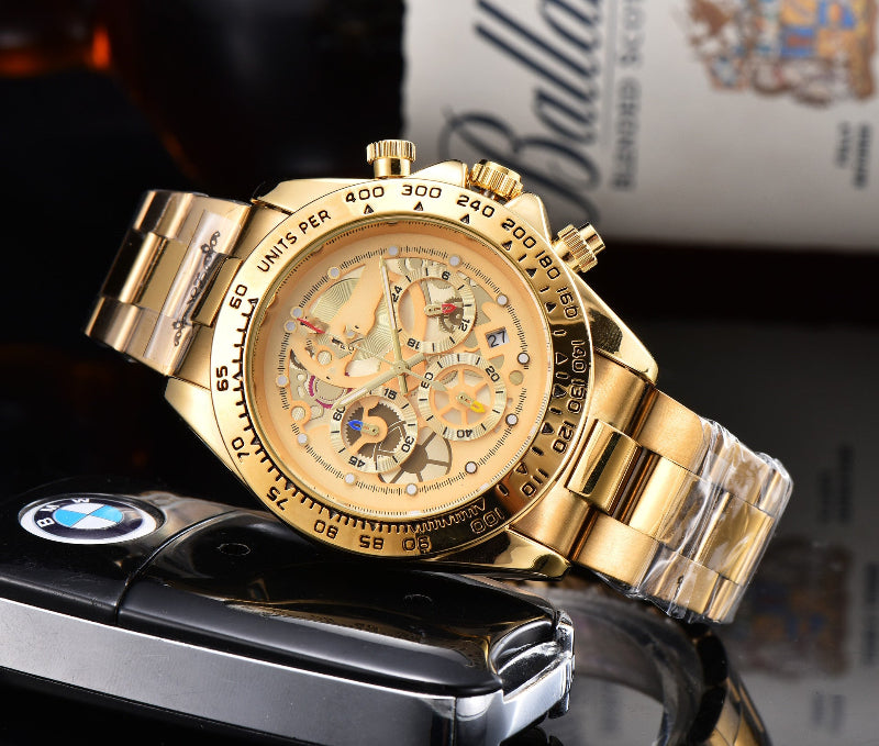Men's quartz watch with steel link strap, champagne dial, gold-tone accents.