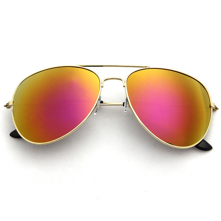Unisex sunglasses with gold frame and mirrored rainbow lenses, front-facing view